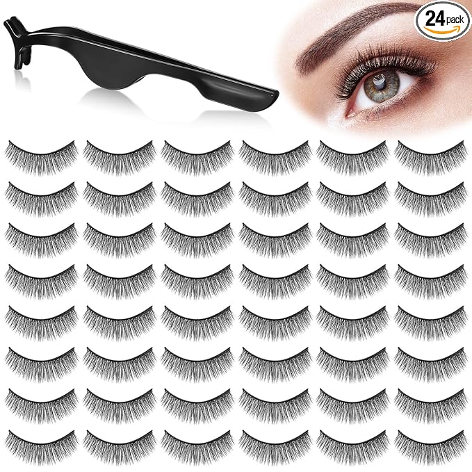 Nuogo 24 Pairs Reusable Self Adhesive Eyelashes No Glue Needed False Eyelashes Natural Look Easy to Apply Eye Lashes with Fake Eyelash Extension Applicator Tool (Thick Style,12 x 8 x 8 mm)