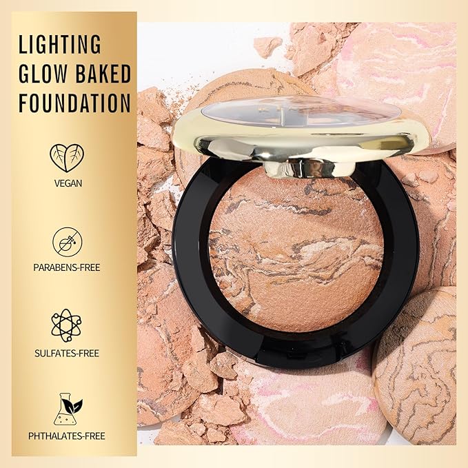 KIMUSE Baked Foundation, Brighten Color Correcting Powder Foundation, Lighting Glow Baked Foundation for Mature Skin, Buildable Coverage, Radiant Natural Finish