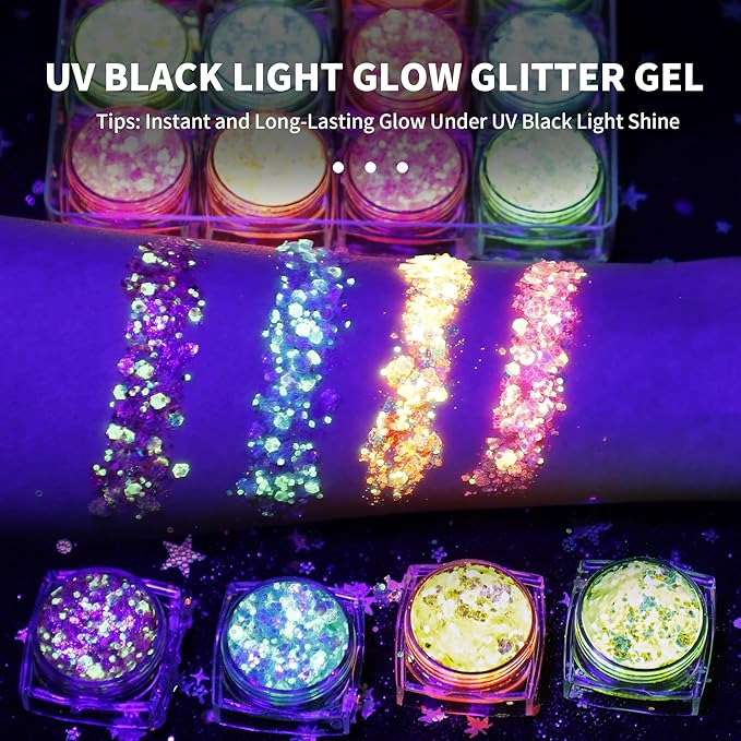 Glow in The Dark Body Face Glitter Gel for Women, 6 Colors Glitter Gel Makeup Chunky Fine Glitter, UV Black Light Accessories for Body/Face/Hair/Eyeshadow, Carnival Party(Not Loose Glitter)