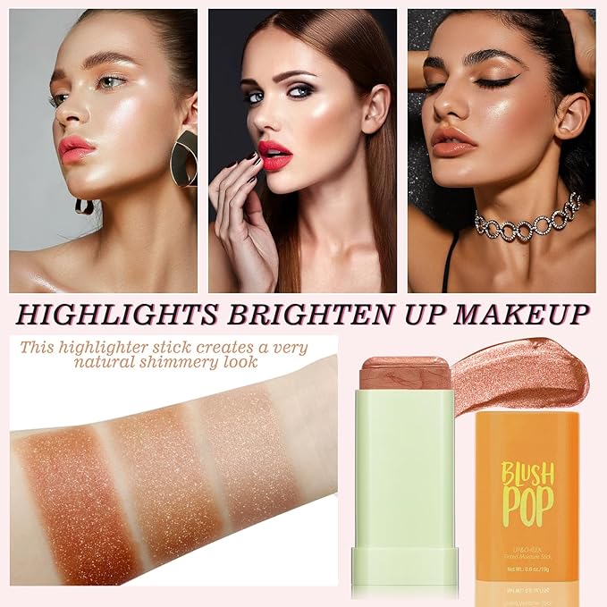 Highlighter Makeup Stick - Blush Highlighters Makeup Stick for Face & Body, Natural Silky Shimmer Highlight, Bendable Long Lasting Cream Korean Highlighter (Cherry Red)