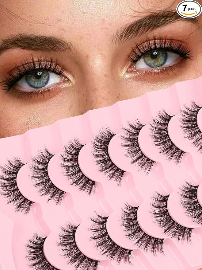 False Lashes Wispy Eyelashes Natural Look 15MM Fake Eyelashes 0.1MM Thin Band Strip Lashes Lightweight False Eyelash 3D Volume Fluffy Eye Lash C Curl Soft Siligli 7 Pair