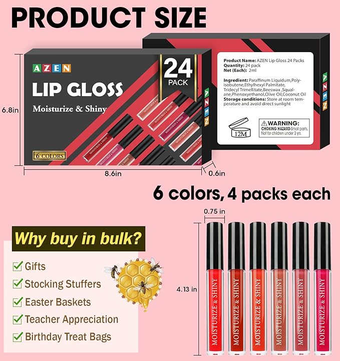AZEN 24 Pack Lip Gloss Bulk Set, Shimmery Lip Gloss for Women and Girls With Rich Varied Colors, Mothers Day Gifts for Women