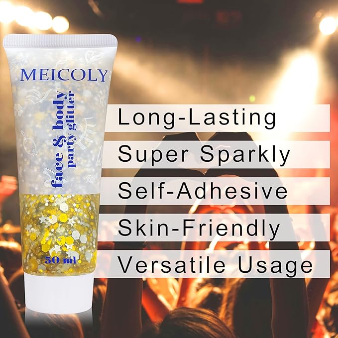 MEICOLY Face Glitter Makeup for Music Festival,Country Concert Outfits for Women, Holographic Gold Silver Purple Body Glitter,Halloween Party Accessories Self-Adhesive Glitter Face Paint,50ml