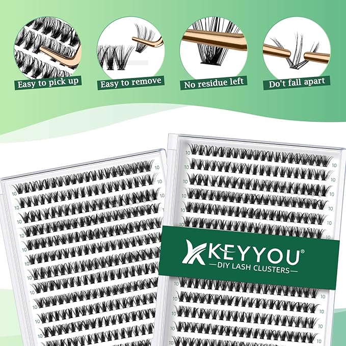 KEYYOU Lash Clusters 300pcs Individual Lashes, 40D 0.07D Curl 10mm DIY Eyelash Extension, Soft & Natural Volume Cluster Lashes with Large Tray