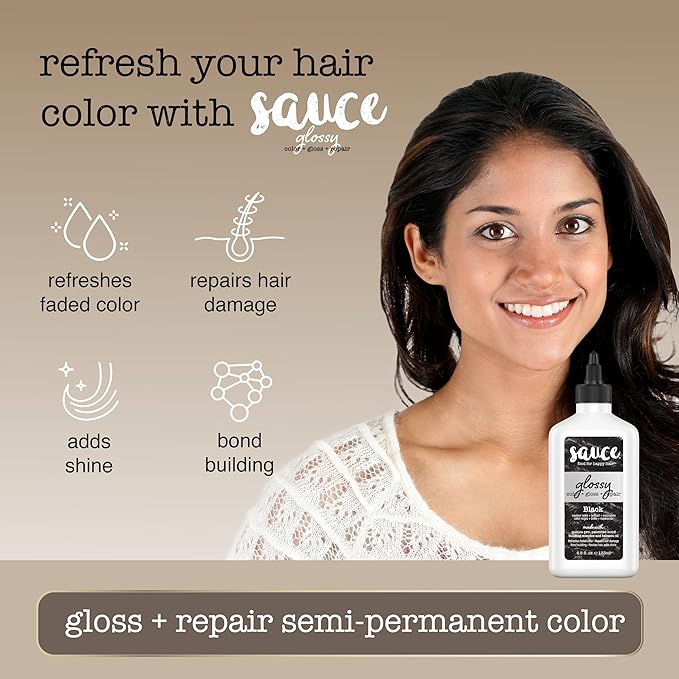 Sauce Beauty Glossy Color + Gloss + Repair, Black, Semi Permanent Hair Dye with Bond-Building and Color-Fade Protection Technology, Adds Shine & Deep Moisture, Lasts 4-8 Weeks, Stops Fade