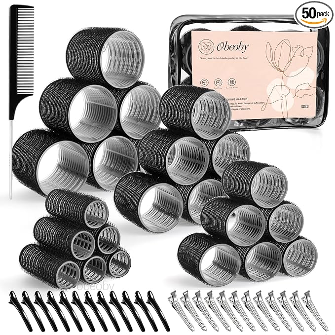 4 Sizes Self-Grip Hair Rollers Set - 50 Pcs Jumbo Curlers for Long, Short Hair and Bangs (25mm, 36mm, 48mm, 60mm) With Clips, Black