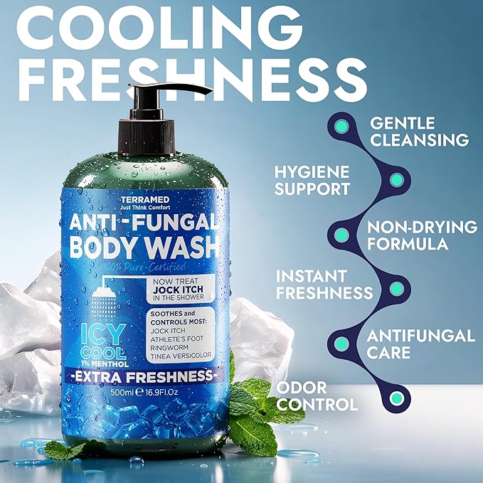 Antifungal Body Wash | Antifungal Soap with 1% Tolnaftate | Medicated Jock Itch Treatment for Ringworm & Athlete’s Foot | Menthol Body Wash for Itch, Odor Relief & Cooling Effect | 16.9 Fl oz