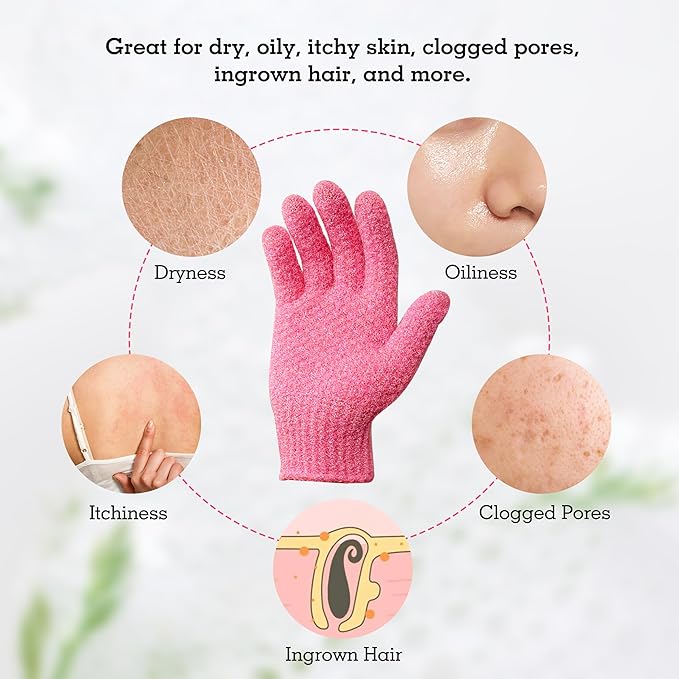 Evridwear Exfoliating Glove Shower Gloves Exfoliate Dead Skin for Dry Sensitive Skin No Irritation with Hanging Loop (Hot Pink Deep Exfoliation)