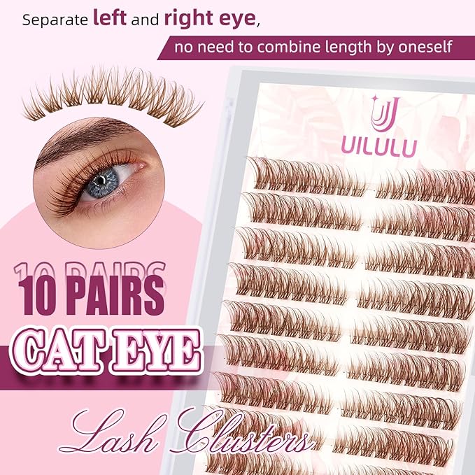 Brown Lash Clusters Natural Lash Extensions Wispy Eyelash Clusters 160pcs D Curl Left&Right Cluster Eyelashes Extensions Individual Cluster Lashes (U16 Lash Only)