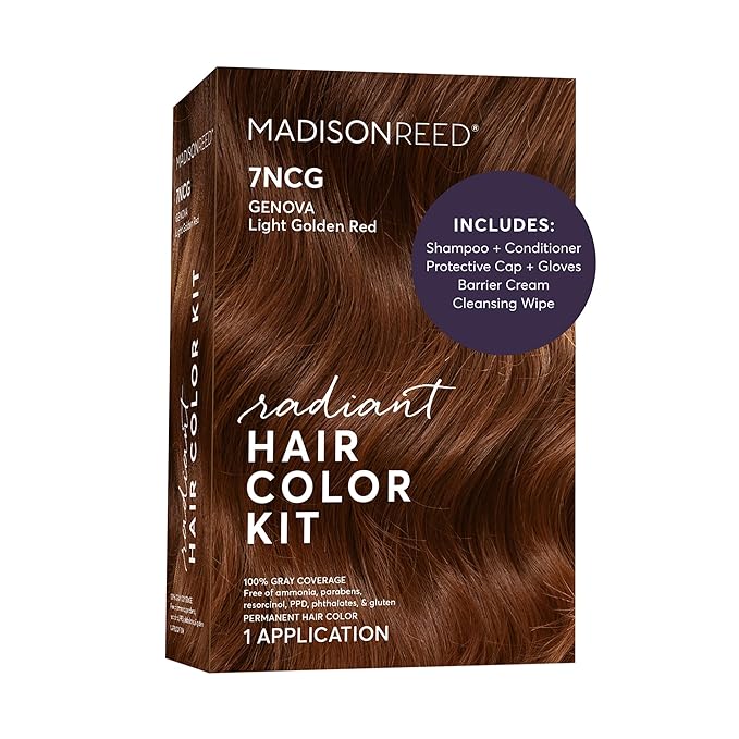 Madison Reed Radiant Hair Color Kit - 7NCG Light Golden Copper (Genova Red), Dimensional Gray Hair Blending Permanent Hair Dye, PPD-Free & Ammonia-Free, 1 Pack