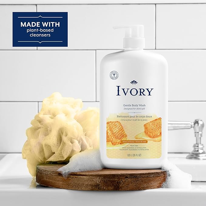 Ivory Body Wash, Designed for the Whole Family, Gentle Formula, Free of Dyes Heavy Perfumes Parabens Phthalates & Silicones, for Sensitive Skin, Designed for Skin's pH, Honey Scent, 35 oz