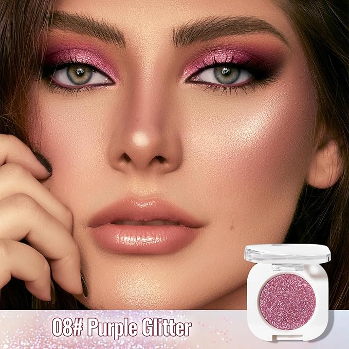 Erinde Purple Glitter Shimmer Single Eyeshadow, Metallic Glow Glitter Cream Eye Shadow, Monochrome Eyeshadow Palette Makeup, Waterproof Sombras para Ojos, Vegan & Cruelty-Free, 08