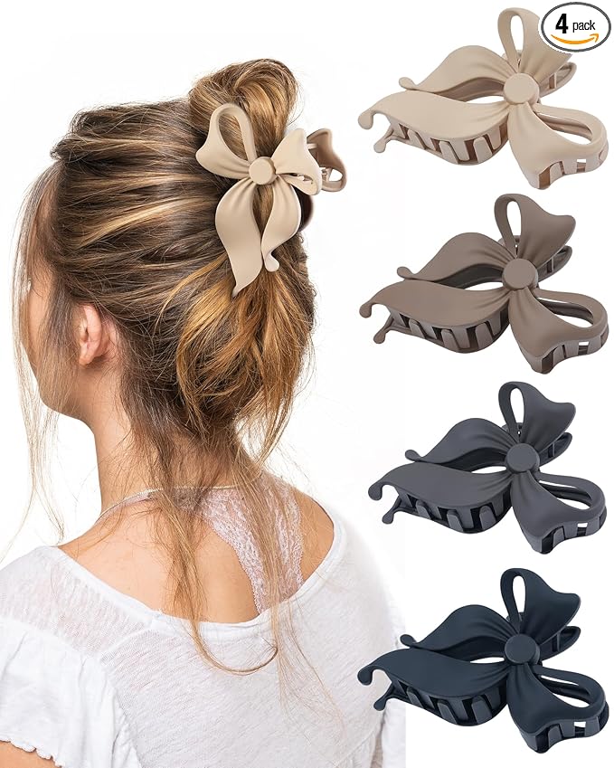 4 PCS Bow Hair Clips Bow Claw Clip for Women, Large Hair Claw Clips for Thin Thick Long Hair Cute Nonslip Bows (Black+Grey+Dark Brown+Light Brown)