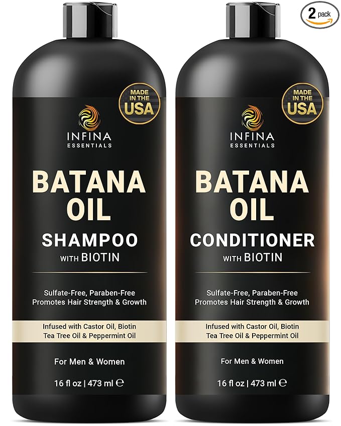 INFINA ESSENTIALS Batana Oil Shampoo and Conditioner Set | 16 fl oz Each | with Biotin & Tea Tree | Moisturizing, Strengthening & Nourishing Formula | Promotes Hair Growth and Thickness