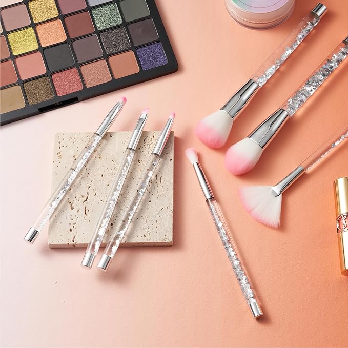 Travel Makeup Brush Set for Girls,Grey White Transparent Unique Liquid Flows Handle with Fan Lip Eye Shadow Blender Eyebrow Brush Sets for Kids Girls Lady Gift Present