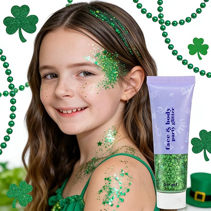 Go Ho Green Body Glitter,St Patricks Day Face Glitter Makeup,Green Face Paint Holographic Chunky Sequins Glitters for Eye Hair Nails,St Pattys Outfit Women Sparkle Accessories