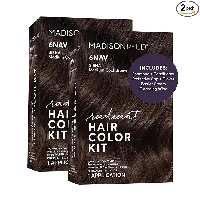 Madison Reed Radiant Hair Color Kit - 6NAV Medium Cool Brown (Siena Brown), Dimensional Gray Hair Blending Permanent Hair Dye, PPD-Free & Ammonia-Free, 2 Pack