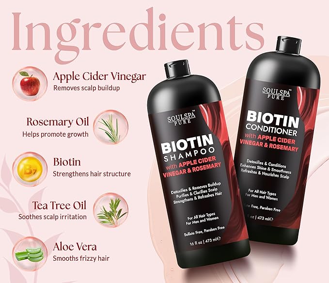SOULSPA PURE Apple Cider Vinegar Biotin Shampoo and Conditioner Set - ACV Clarifying Scalp Care with Rosemary Oil & Keratin - Sulfate Free for Oily, Thinning Hair - Made in USA - 16 fl oz Each