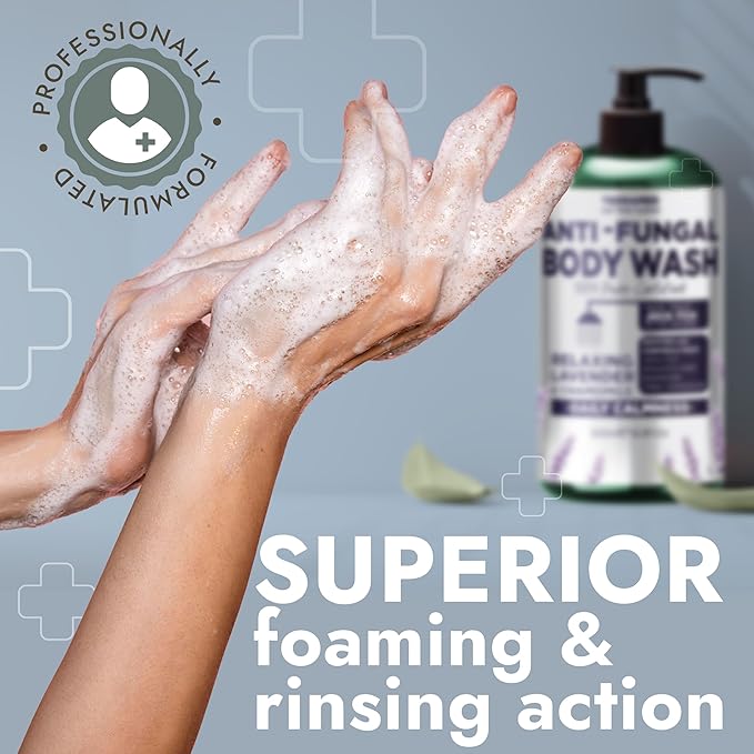 Antifungal Body Wash with Lavender Essential Oil |1% Tolnaftate Chamomile Soap for Ringworm, Jock Itch & Athlete’s Foot | Medicated Body Wash with Calming Effect | Includes Scrubber 16 Fl oz