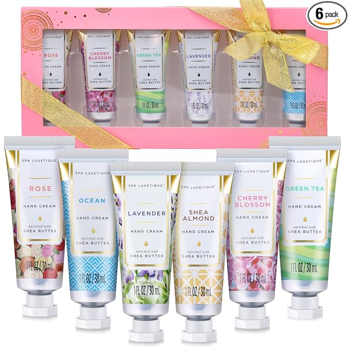 spa luxetique Hand Cream Gift Set, Mothers Day Gifts for Mom, Moisturizing Hand Lotion for Dry Cracked Hands Cream Travel Size, Teacher Appreciation Gift Nurse, Birthday Gifts for Women, 6 x 1 OZ