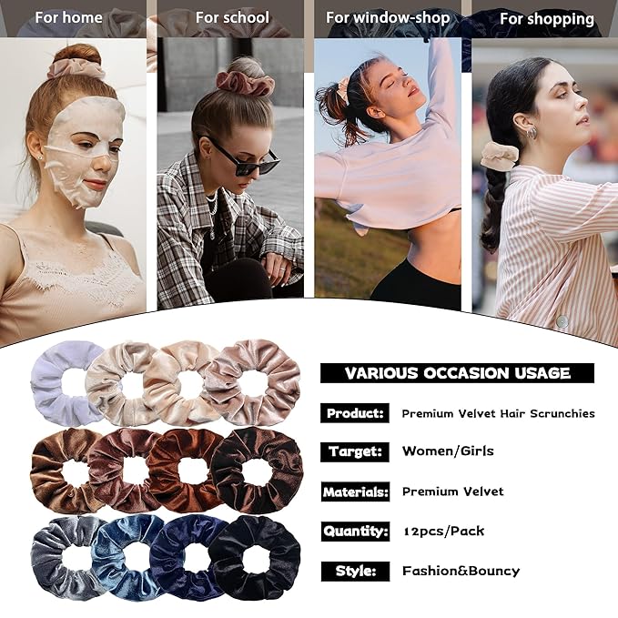12 Pcs Scrunchies for Women, Velvet Scrunchies for Hair, Soft Hair Ties for Ponytail Holder, Cute Elastic Hair Bands for Girls(Vintage Brown)