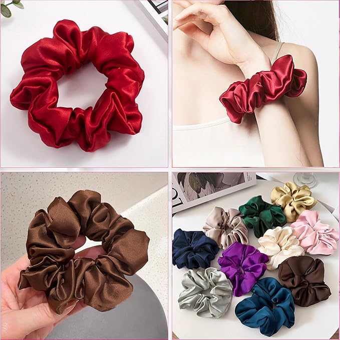 100% Pure Mulberry Silk Hair Scrunchies, 16 Momme Silk Scrunchies, Silk Hair Ties for Women Girls Curly Thick Thin Hair, Set of 4, 13 Pink & Brown
