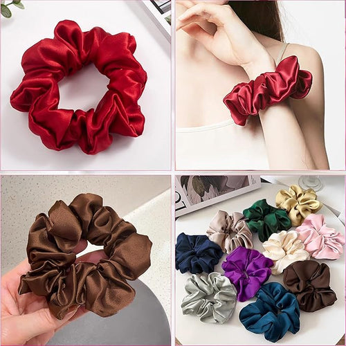 100% Pure Mulberry Silk Hair Scrunchies, 16 Momme Silk Scrunchies, Silk Hair Ties for Women Girls Curly Thick Thin Hair, Set of 4, 13 Pink & Brown
