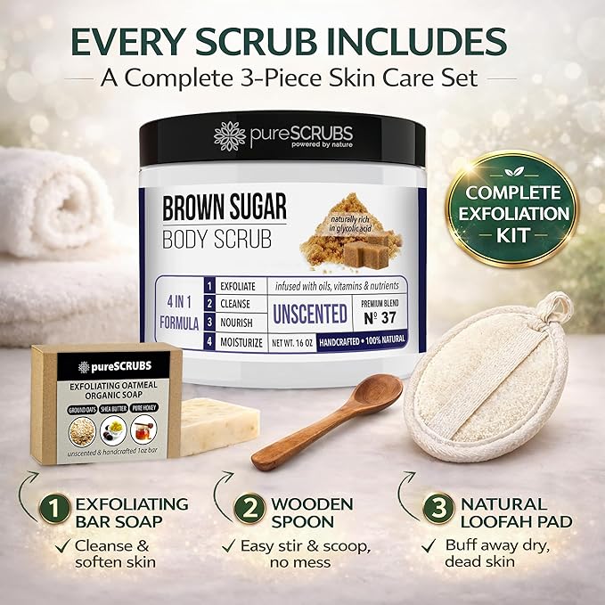 pureSCRUBS Premium Unscented Brown Sugar Body Scrub | Large 16oz Jar | Face, Feet & Full Body Scrub | Includes Wooden Spoon, Loofah & Mini Exfoliating Bar Soap