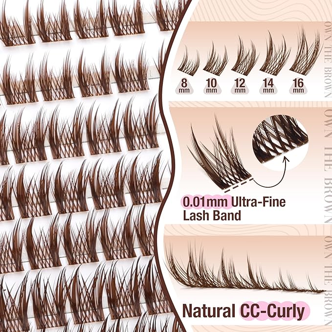 Mavphnee Brown Lash Clusters Wispy Eyelash Extensions Natural Lashes Extensions Pestañas Postizas Spiky Manga 8-16MM Individual Lashes with CC Curve, For Edge Girl