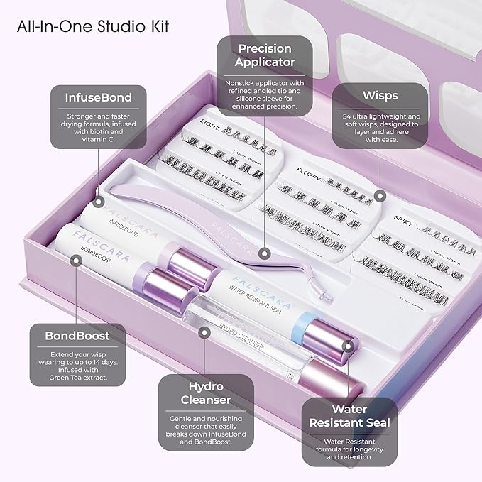 FALSCARA Studio Lash Extension Kit, 54 Stackable Lash Clusters, Medium Volume, 10mm-14mm, ‘Dark Chocolate’, False Eyelashes, InfuseBond, Water-Resistant Seal, BondBoost, Hydro Cleanser, Applicator