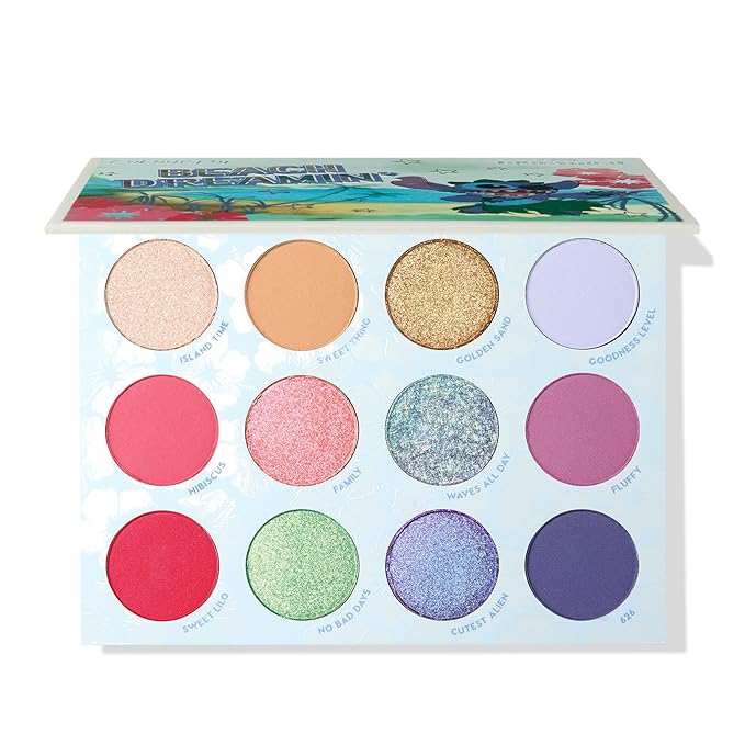 ColourPop x Stitch Beach Dreamin’ Eyeshadow Palette - Limited Edition 12-Shade Matte, Metallic & Pearlescent Glitter Eyeshadow Palette - High-Pigment Eye Makeup with a Long-Wearing Formula (0.48 oz)