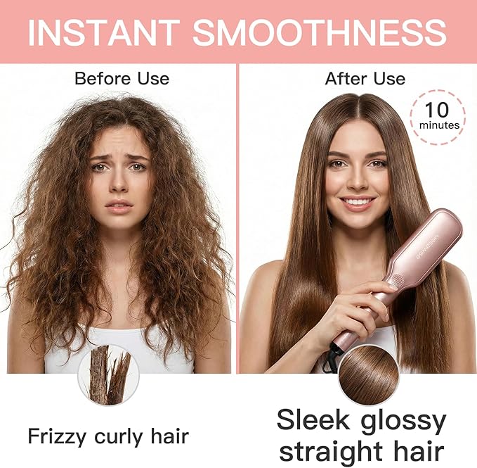 MEGAWISE Hair Straightener Ceramic Brush – Flat Iron Hot Brush, Anti-Scald, Dual Voltage, Rotatable Cord, Auto Shutoff, Anti-Frizz – for All Hair Types (Pink)