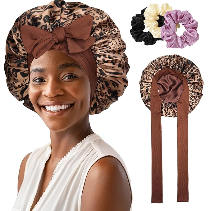 AWAYTR Satin Bonnet for Women Tie Band Hair Bonnet Large 2 Layered Silk Sleeping Cap Nightcap with 3PCS Hair Scrunchies (US, Alpha, One Size, Leoprad Print(Brown))