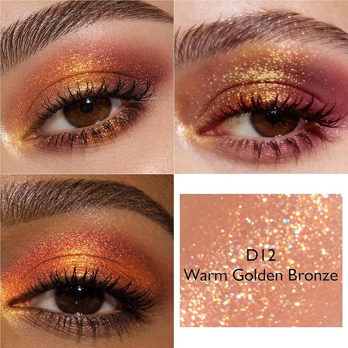 Bronze Brown Shimmer Eyeshadow, Holographic Duochrome Gold Glitter Eyeshadow Palette Color Shift Sparkling Cream to Powder Diamond Metallic Eye Shadow Highlighter Makeup for Party/Daily