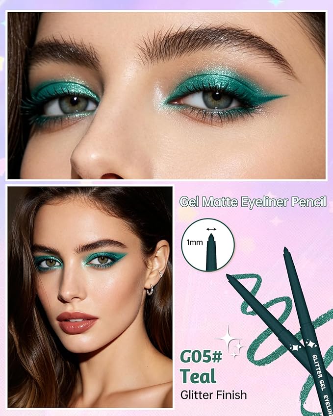 Glitter Gel Eyeliner Pencil, Retractable Cream Eye Liner Pencils, Waterline Eye Makeup Liners, Waterproof & Smudge Proof Glitter Teal Eyeliner Facial Beauty Makeup for Mature Women, Girls -G05 Teal