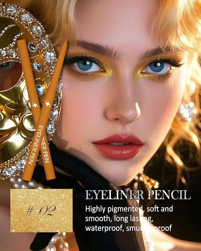 Glitter Golden Eyeliner Pencil, Glitter Gel Eyeliner Pencils, Waterproof Smudge Proof Long-Lasting Metallic Waterline Eye Liner, Precision Retractable Shine Pen for Mature Women Girls Eye Makeup- #02