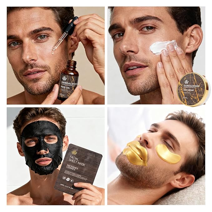 Sandalwood Beard Grooming Set For Men, 21 Pcs Facial Skin Care Set, Spa & Self-Care Gift Basket Set, Bath and Body Gift Set, Bath Bomb, Birthday, Christmas, Valentines, Father's Day Gift, Husband, Dad