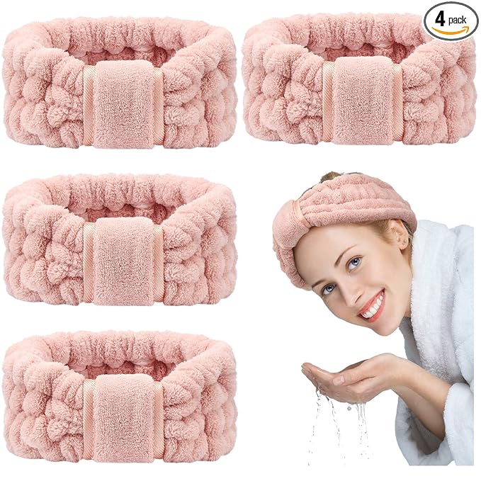 WILLBOND 4 Pack Microfiber Headbands Spa Facial Headbands Makeup Head bands Elastic Terry Cloth Head Wrap for Women Girls Washing Face Makeup Shower Yoga Sports(Pink)