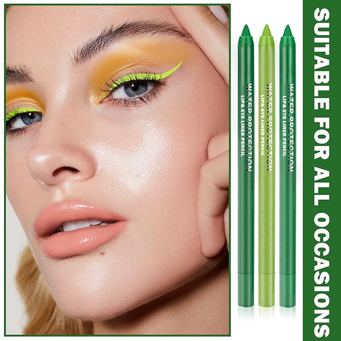 3PCS Green Eyeliner Pencil Set Colorful Metallic Glitter Eyeliner Pen,Shimmer Eye Shadow Pencil Professional Eye Liner Makeup Kit - Set B