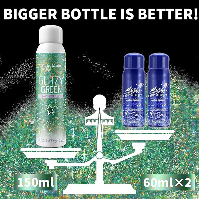 Hair Glitter Body Glitter Spray, 150ML Glitter Hairspray Holographic Green Glitter Spray for Hair and Body, Hair Glitter for Kids Women, Body Shimmer Festival Makeup 4.2 Fl Oz