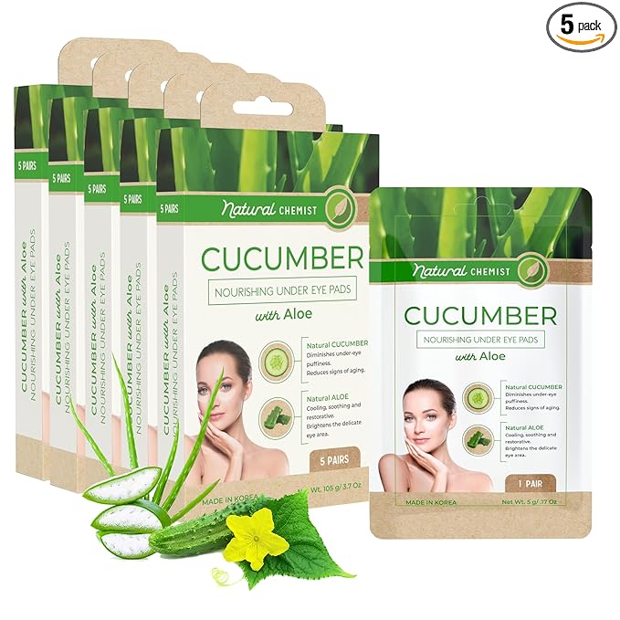 Natural Chemist Cucumber & Aloe Under Eye Patches - Soothing, Anti-Aging, Cooling, Hydrating, Dermatologist Tested, Cruelty Free Korean Skin Care For All Skin Types - 25 Pairs (5 Pack)