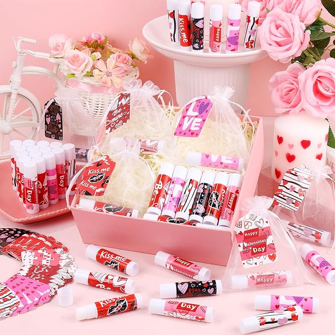 50 Set Valentines Party Favors Galentines Day Gifts Valentine Lip Balms Gloss Bulk for Women 6 Assorted Flavors Chapstick with Organza Bags and Cards for Wedding Bridal Shower Birthday