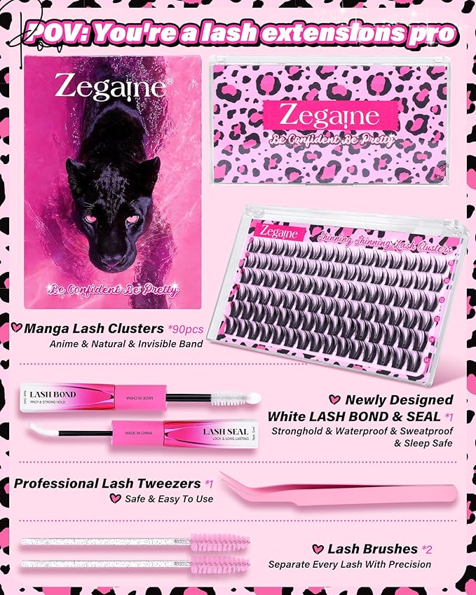 Anime Lash Clusters Kit Wispy Eyelash Clusters Invisible Band 10-12-14MM Natural Lashes Clusters Kit Wet Manga Cluster Eyelash Extensions Kit with SleepSafe Lash Bond&Seal Tweezers Brushes by Zegaine