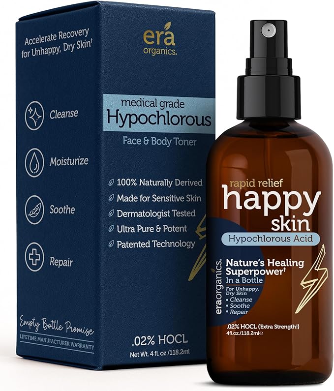 Happy Skin Hypochlorous Acid Spray for Face – Extra Strength, Gentle Hypochlorous Acid Spray Cleanser for Acne – Soothe, Hydrate & Repair Dry, Sensitive Skin – pH Balanced, Non-Toxic 4oz
