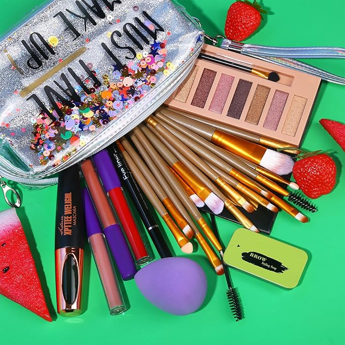 All in One Makeup Set For Women Full Kit - 12 Colors Eyeshadow Palette, Black Mascara Eyeliner Pen, 3pcs Matte Liquid Lipstick, Eyebrow Soap Gel Kit, 12 pcs Brushes & Sponge with Makeup Bag Gift Set