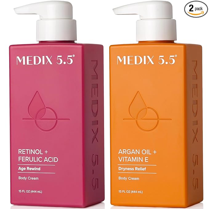 Medix 5.5 Retinol Body Lotion + Argan Oil Cream 2PC Skin Care Set Body & Face Moisturizer | Firming Body Lotion Bundle Reduces Look Of Wrinkles, Cellulite, Crepey Skin, & Uneven Skin Tone, 2PC
