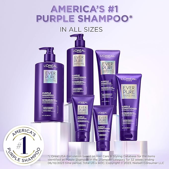 L’Oreal Paris EverPure Sulfate Free Brass Toning Purple Shampoo and Conditioner for Blonde,Bleached,Silver,or Brown Highlighted Hair,(Pack of 6)