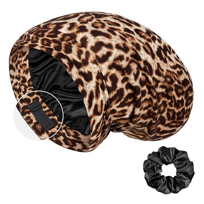 LULUSILK Mulberry Silk Bonnet for Sleeping Women, Real Silk Sleep Cap for Curly Hair and Braids, Pure Head Wrap with Scrunchies, Brown Leopard