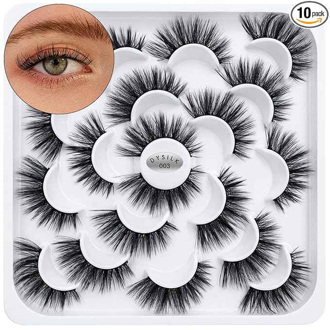 DYSILK Lashes Mink Eyelashes - False Eyelashes 10 Pairs 6D Faux Mink Lashes Pack Eye Lashes Cat Eye Lashes Fluffy Eyelashes Fake Lashes Reusable False Eyelashes Wispy | 15mm