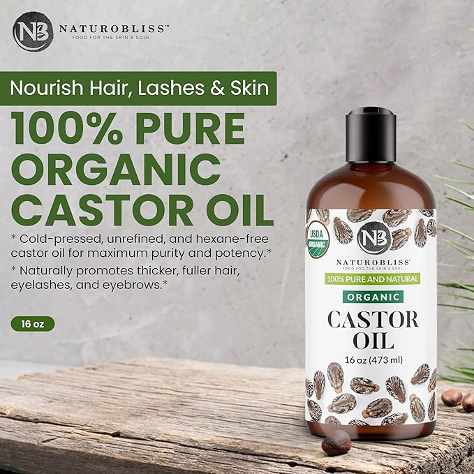 NaturoBliss Organic Castor Oil 16 oz – 100% Pure, Expeller-Pressed, Hexane-Free – Value Size Beauty Oil for Hair, Eyelashes, Eyebrows, Skin & Scalp, with Beauty Starter Kit – USDA Organic, GCMS Tested